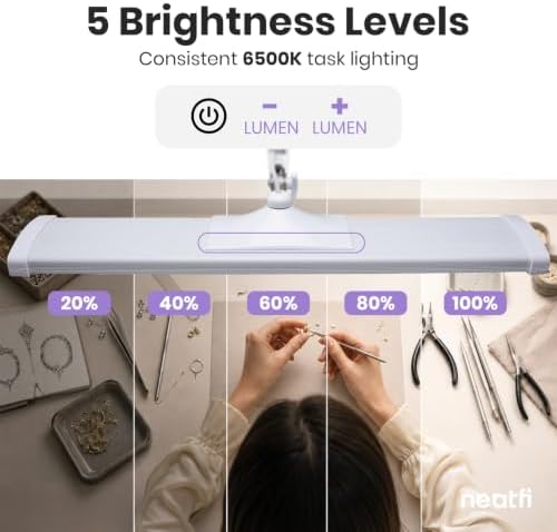 Neatfi Pro LED Task Lamp with Clamp | CRI 95 | 50W | 342 LED Beads | 4,500 Lumens | Touch Dimming | 6500K Daylight | Desk Light for Reading, Crafting & Home Office Use (White-7, 31.8-Inch Wide Shade) - Image 3