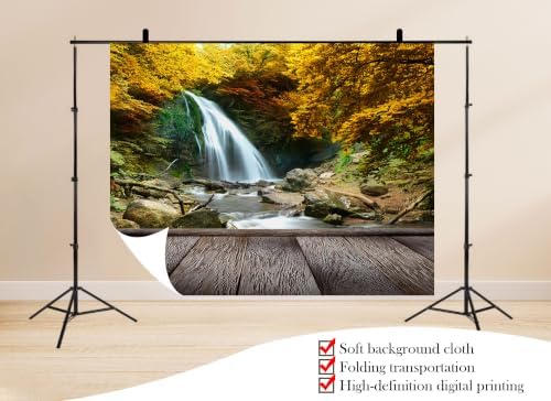 20x10ft Autumn Waterfall Forest Backdrop Golden Fall Foliage Cascading Stream Wooden Deck Photo Background Tapestry for Fall Harvest Wedding Home Decorations Studio Props - Image 2