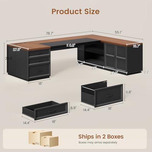 SEDETA 78.7" L Shaped Executive Desk with Charging Station, Large Home Office Computer Desk with File Drawers & Adjustable Storage Cabinet, CPU Stand, Modern L Desk for Business, Black + Brown - Image 2