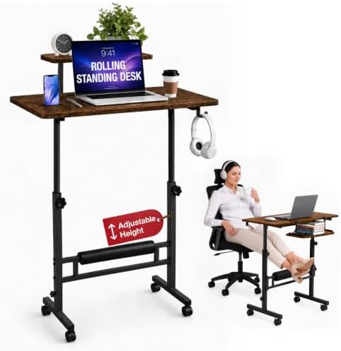 Small Rolling Desk with Wheels, Adjustable Height 27"-43.3" Portable Standing Desk, 31.5"x15.7" Tabletop, Mobile Laptop Computer Table for Home Office Workstation, Rustic Brown by Unknown