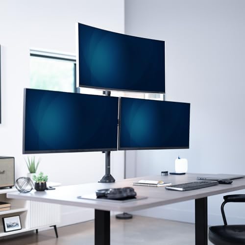 VIVO Premium Triple Ultra Wide LCD LED 27 to 38 inch Monitor Desk Mount, Heavy Duty C-clamp, Extra Tall Pole, Adjustable Telescoping Arms, Flush Wall Setup, Fits 3 Screens, Black, STAND-TS3CT - Image 2