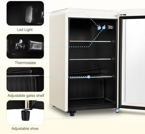 Retro Beverage Refrigerator, 3.2 Cu.Ft Mini Fridge with Glass Door, Vintage Freestanding Drink Cooler for Office, Bar, Home, Adjustable Shelving, Adjustable Thermostat (White) - Image 4