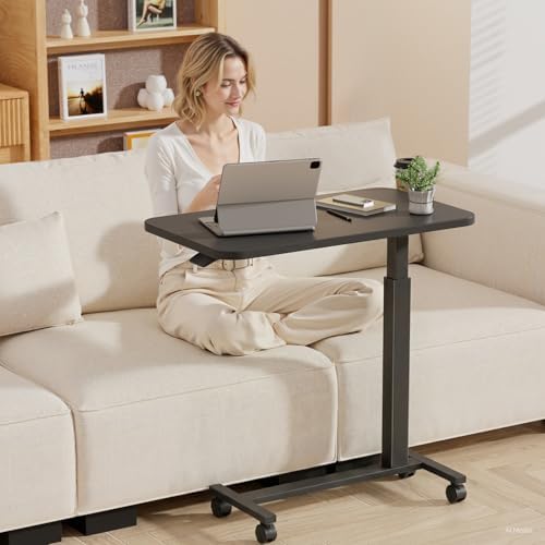 GTPLAYER Small Standing Desk with Lockable Wheels, Pneumatic Mobile Rolling Laptop Desk,Adjustable Height Overbed Bedside Table Computer Workstation for Home Office (32" W x 18" D, Black) - Image 2