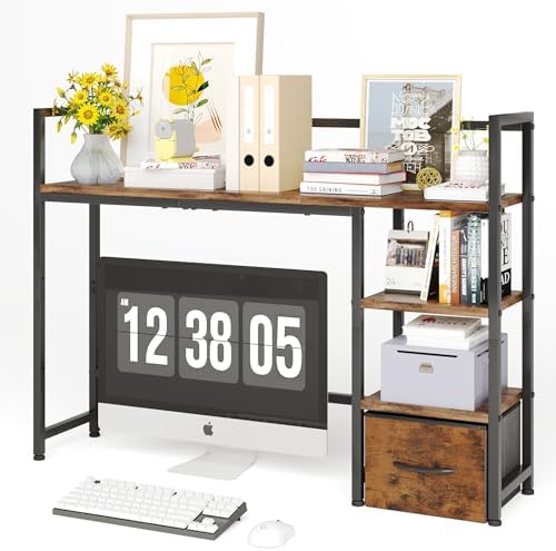 Desk Shelf with Drawer, 41.3" Desktop Organizer Shelf, Desk Hutch for Computer Monitor Max 32", 3 Tier Desktop Display Rack, Wooden Desk Top Bookshelf Storage Rack for Home Office Dorm, Rustic Brown by Mexin