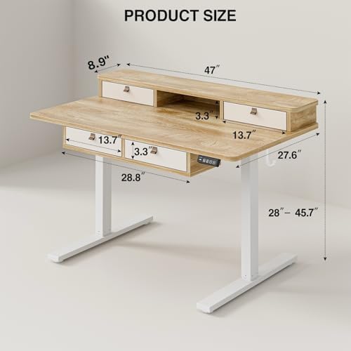 Grandder Electric Standing Desk with Four Drawers, Sit to Stand Up Height Adjustable Desk with Storage Shelf for Home Office, 47 * 28 Inch, Study, Ergonomic Adjustable Computer Desk, Oak - Image 2