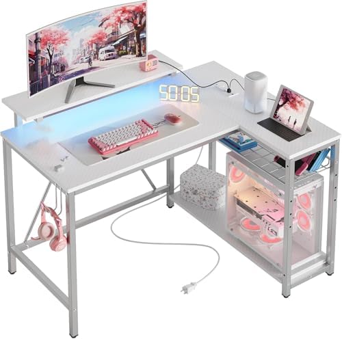 Bestier 42-Inch L-Shaped Computer Desk with Charging & LED, White by Bestier