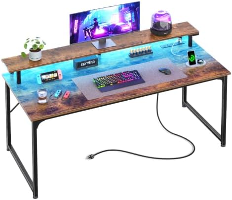 PRAISUN 48 inch Gaming Desk, LED & Outlets, Monitor Stand, Rustic Brown by PRAISUN