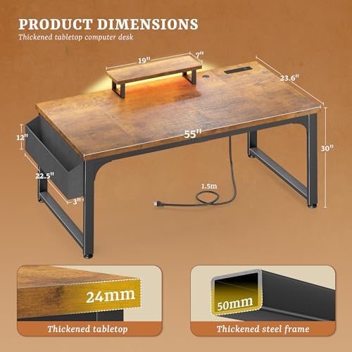 DurayLoly 55 x 24 inch Desk, 24mm Thick Heavy Duty Computer Desk with RGB LED & Power Outlets, Gaming Desk with Detachable Stand, 150LBS Load Capacity, Work Gaming Desk for Home Office, Brown - Image 2