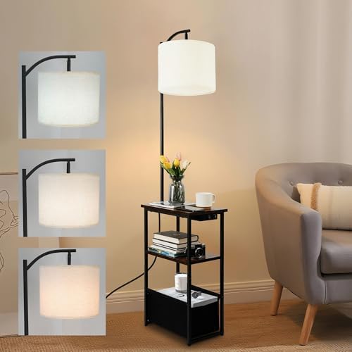 Qupui Floor Lamp with Table, USB Charging, Fabric Basket, Brown by Qupui