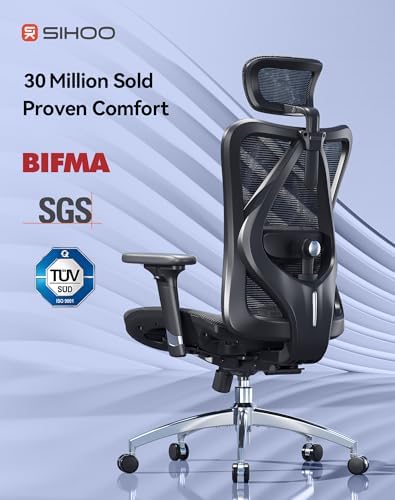 SIHOO M57 Ergonomic Mesh Office Chair, High Back Home Desk Chair with 3D Armrests, Lumbar Support and Adjustable Headrest, Comfortable Computer Chair, Big & Tall Office Chair Hold 330 LBS-Ebony - Image 6