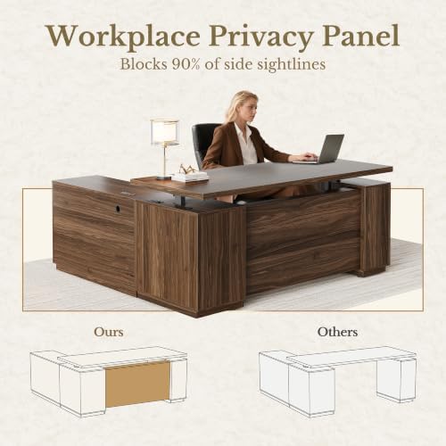 L Shaped Executive Standing Desk with File Cabinet, Electric Height Adjustable Desk with AC/USB and Privacy Panel for Home and Office, Black Walnut - Image 5