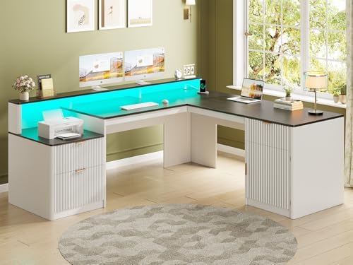 SEDETA 66" Modern L Shaped Desk with Drawers, Fluted Home Office Desk with File Cabinet and Printer Shelf, Wood Executive Desk with Monitor Stand, Led Lights, Power Outlets, White by SEDETA