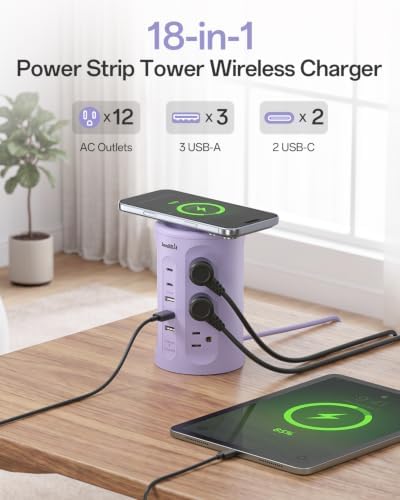 Power Strip with USB Ports,Extension Cord with Multiple Outlets (12AC+3A+2C), 6.5 FT Desk Purple Power Strip Tower Charging Station for Home, Office, College Dorm Essentials - Image 2