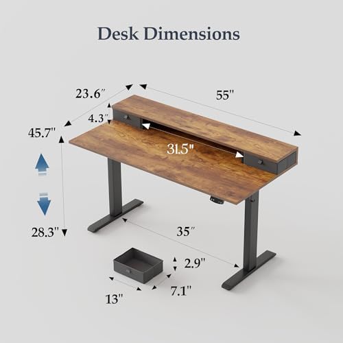 Klicelor 55 x24 Inch Electric Standing Desk with Drawers, Adjustable Height Small Sit Stand Desk for Home Office, Compact Computer Workstation with Storage– Rustic Brown - Image 3
