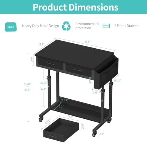 Small Portable Rolling Standing Desk - 32 Inch Adjustable Mobile Stand Up Gaming Desks with 2 Fabric Drawers on Wheels, Couch Sofa Side Laptop Table with Storage for Home Office, Black - Image 3