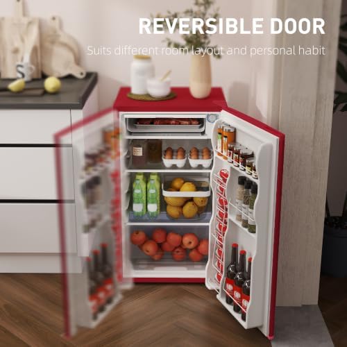 HOMCOM 3.2 Cu.Ft Mini Fridge with Freezer Single Reversible Door Red - Image 6