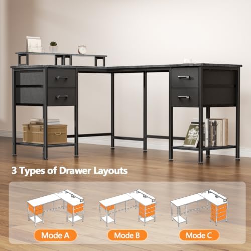 Korfile 59 inch L Shaped Computer Desk with Power Outlets, Home Office Desk with 4 Adjustable Storage Drawers & 2 Monitor Stands, Two Person Gaming Table for Bedroom, Grey - Image 6