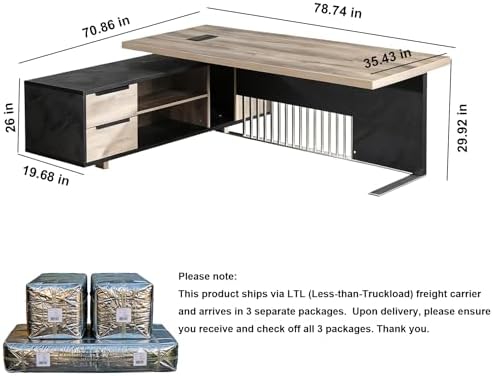 78.7 Inch Large Executive Desk with Drawers Cabinet, L Shaped Office Desk, Computer Desk with Universal Charging Ports and Cable Management for Business Furniture Set Workstation for Home Office - Image 2