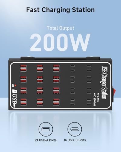 200W USB~c Charging Station, 40 Port (24 USB A & 16 USB~C Port) USB~C Charger Block, Fast Charging Station for Multiple Devices, Desktop USB Charger Compatible for iPhone, iPad, Tablets - Image 2