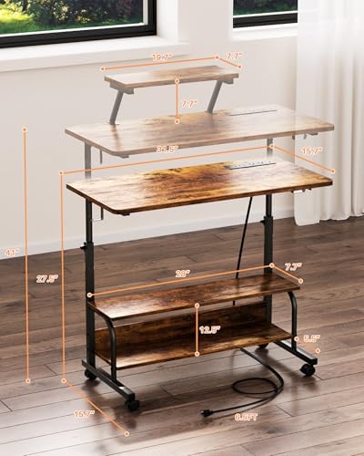 Height Adjustable Standing Desk with Power Outlets and LED Lights - 32" Manual Stand Up Desk with Monitor Stand and Storage Shelves Small Mobile Rolling Computer Desk Portable Laptop Table, Rustic - Image 3