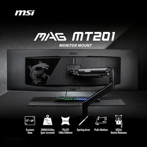 MSI MAG MT201 - Premium Heavy Duty Single Monitor Stand Arm, Supports 17-49" Screens and 44 lbs, VESA Compatible, Adjustable Spring Assisted Mount, Clamp & Grommet, Quick Release Plate - Black - Image 2