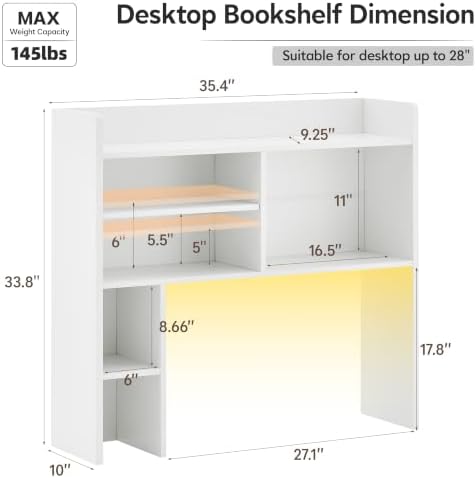 OFCASA Desktop Bookshelf with LED Lights, Countertop Storage Hutch with 7 Shelves for Computer Desk, 35.4'' 3-Tier Display Rack, Wooden Desk Hutch Storage Organizer for Home Office Dorm, White - Image 2
