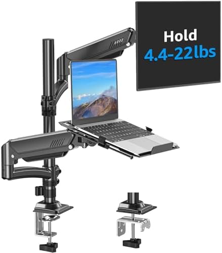 MOUNTUP Laptop and Monitor Desk Mount, Laptop Tray for Max 17" Notebook, Monitors Arm Fits up to 32" Monitor, Laptops Arm Holds 4.4-22lbs, 2-in-1 Tall Laptops Mount with Clamp/Grommet by MOUNTUP