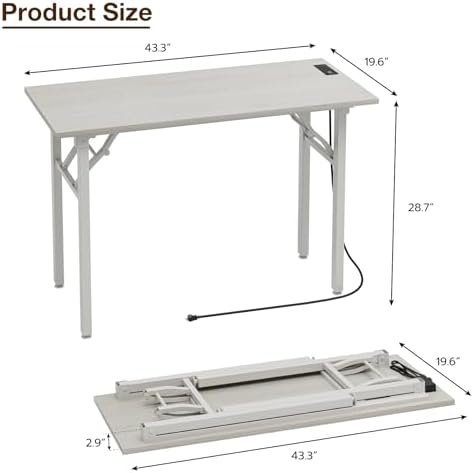 TEMI Small Computer Desk Folding Table - No Assembly, Compact 43.3" Foldable Desk with Power Outlets & USB Charging Port, Portable Small Office Desk, Ideal Mini Study Table for Narrow Spaces,White Ash - Image 3