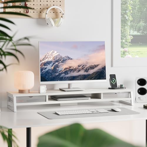 Fenge Dual Monitor Stand Riser, 42.5in Desk Shelf with 2 Drawers, White - Image 2