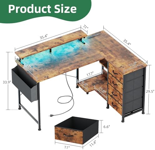 VERMESS 47" Reversible L Shaped Gaming Computer Desk, Corner Desk with Power Outlets & Monitor Stand, Writing Study Table with 4 Storage Drawers, Desk with LED Lights, Rustic Brown - Image 3