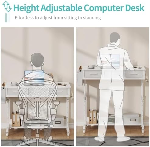 White Portable Rolling Computer Desk - 40 Inch Adjustable Mobile Standing Teacher Desks with 3 Fabric Drawers on Wheels, Couch Sofa Side Laptop Stand Up Table with Storage for Home Office, White - Image 7