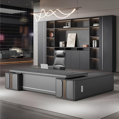 Executive Office Desk with Storage Cabinet,Modern l Shaped Executive Desk,50MM Thick Desktop for CEO Office, Reception & Commercial Workspace by Unknown
