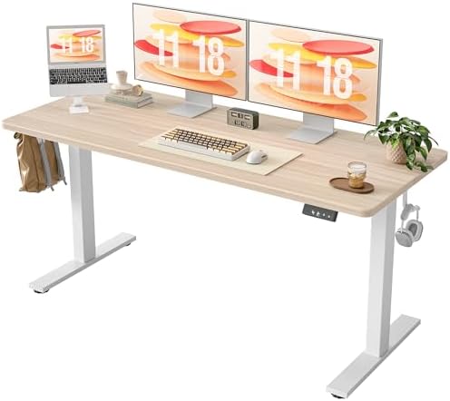 TIQLAB Electric Standing Desk, Adjustable Height Stand up Desk, 63 * 24 Inches Sit Stand Home Office Table with Splice Board, Light Walnut by TIQLAB