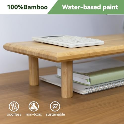 Bamboo Dual Monitor Stand Riser, Natural Desk Shelf with Storage - Image 2