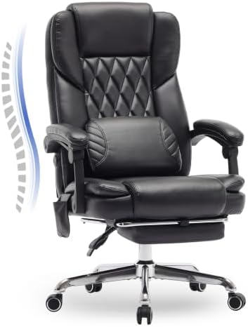 Massage Office Chair with Footrest, High Back Executive Chair, Ergonomic Desk Chair with Removable Pillow, 2 Lumbar Massage Points, Reclining, Leather Computer Chair, Black by Unknown