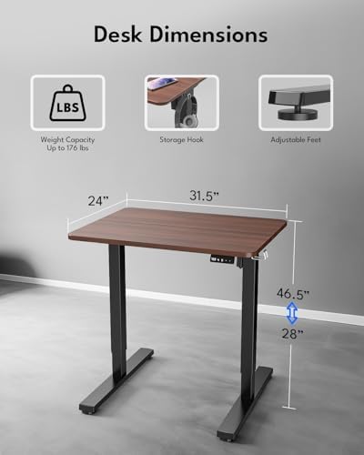 Small Electric Standing Desk, Gaming Desk, 31.5x24 Inch, Walnut - Image 2