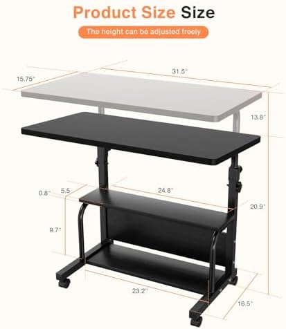 QZMDSM Portable Rolling Desk on Wheels Adjustable Height Desks for Small Spaces, 32" Computer Desk Drafting Tables with Storage Shelves for Home Office Black - Image 3