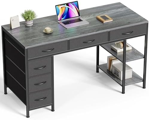 Huuger Computer Desk with 6 Drawers, Office Desk with Shelves, Reversible Gaming Desk, Corner Desk with Storage, Work for Home Office, Study, Living Room, 47inch, Grey by Huuger