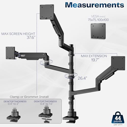 VIVO Pneumatic Arm Triple Ultrawide Monitor Extra Tall Desk Mount for Up to 49 inch Screens, Heavy Duty Clamp, Holds 3 Ultra Wides Up to 44 lbs, Black, STAND-V300D - Image 3