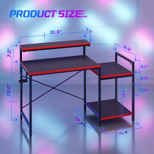 48'' Gaming Desk with Raised Monitor Shelf, LED Lights, Black&Red - Image 2