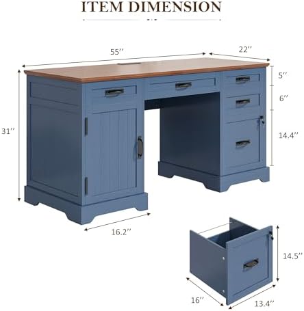 Whalefall 55'' Farmhouse Desk Home Office with Drawers, Blue - Image 2
