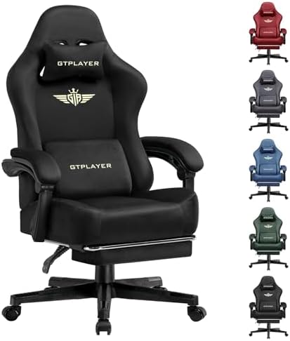 GTPLAYER Gaming Chair Fabric with Pocket Spring Cushion, Big and Tall Gamings Chairs 350LBS High Back Computer Chair with Footrest for Adults Lumbar Support Swivel Game Chair for Office Light Black by GTPLAYER