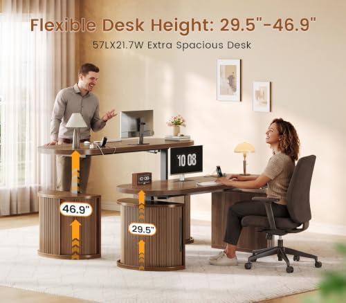SEDETA 57" Standing Desk with Storage, Electric Height Adjustable Executive Fluted Desk with Curved Cabinets, Computer Desk with Power Strip for Home Office, Brown - Image 4