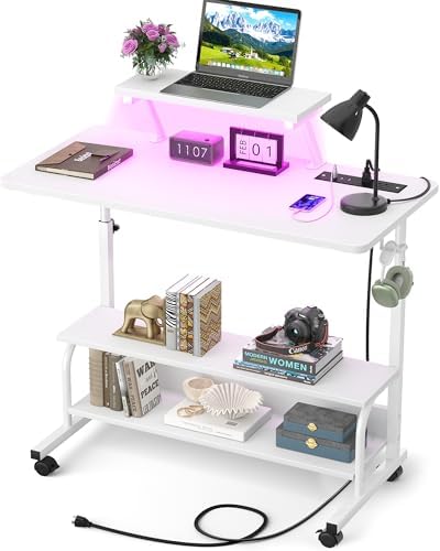 Height Adjustable Standing Desk with Power Outlets and LED Lights - 32" Manual Stand Up Desk with Monitor Stand and Storage Shelves Small Mobile Rolling Computer Desk Portable Laptop Table, White by Besiost