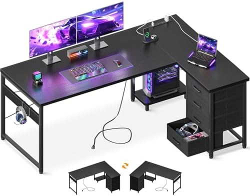 AODK 61" L Shaped Gaming Desk with 4 Drawers and Power Outlets, Black by AODK