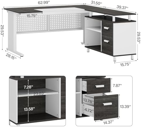 Tribesigns 63 Inch Executive Desk with File Cabinet, L Shaped Office Desk with Drawers and Storage Shelves, Business Furniture Set Workstation for Home Office, Gray and White - Image 2