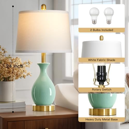 24″ Sage Green Ceramic Table Lamps Set of 2, Modern Classic Bedside Lamps for Bedroom Nightstand, Small Table Lamp for Living Room Side Table (2 LED Bulbs Included) - Image 2
