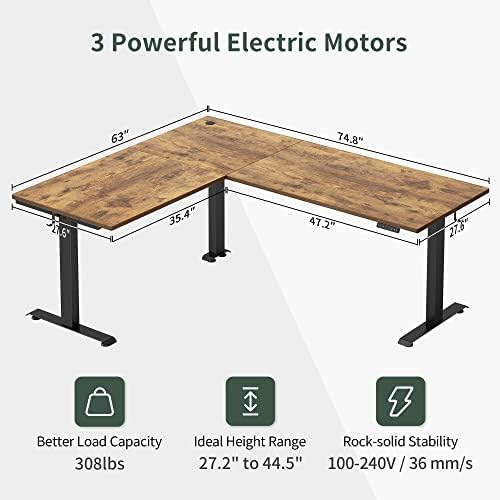 FEZIBO 75 Inches, Supports Over 300lbs, Large L Shaped Standing Desk, Electric Height Adjustable L Shaped Desk, Suitable for Home Office, Rustic Brown Top/Black Frame - Image 3