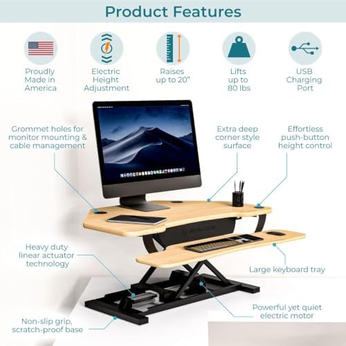 VERSADESK PowerPro 36 Inch Electric Corner Standing Desk Converter, Motorized Height Adjustable Sit-Stand Desk Riser, Dual Monitor & Laptop Workstation with Keyboard Tray, Maple - Image 6