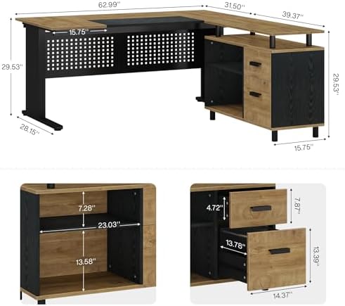 Tribesigns 63 Inch Executive Desk with File Cabinet, Large Office Desk L Shaped Computer Desk with Drawers and Storage Shelves, Business Furniture Desk for Home Office, Wood Color and Black - Image 2